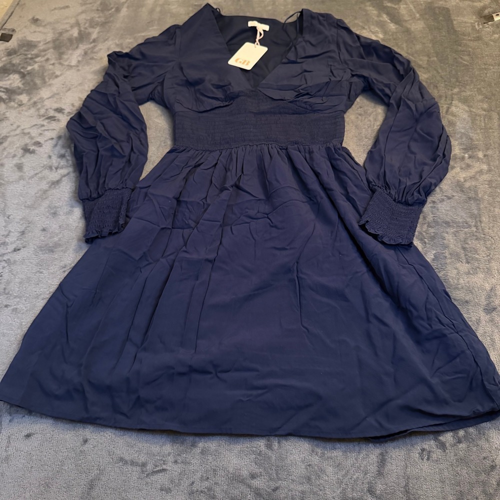 GB Smocked Waist V-Neck Dress Womens Medium Navy Blue Long Sleeve Mini